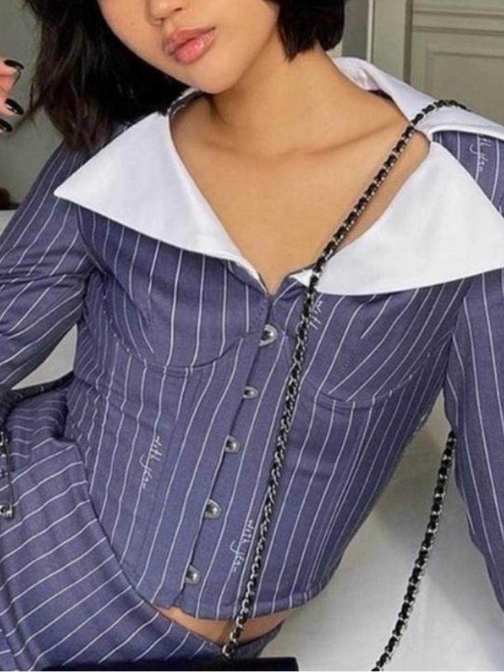 With Jéan Claudia Collared Pinstripe Corset Top in Pin Me Blue - XS